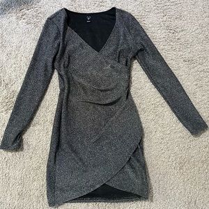 Windsor Silver Shimmer Mini Long Sleeve Vneck Dress
